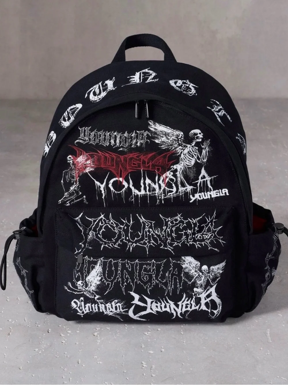 YoungLA Black Graphic Skull Logo Backpack with Red Accents